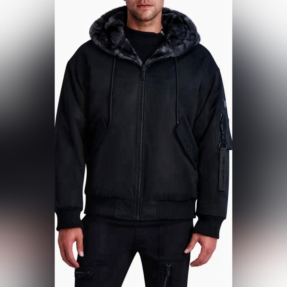 Size L Men's Karl Lagerfeld Reversible Faux Fur Hooded Bomber Jacket